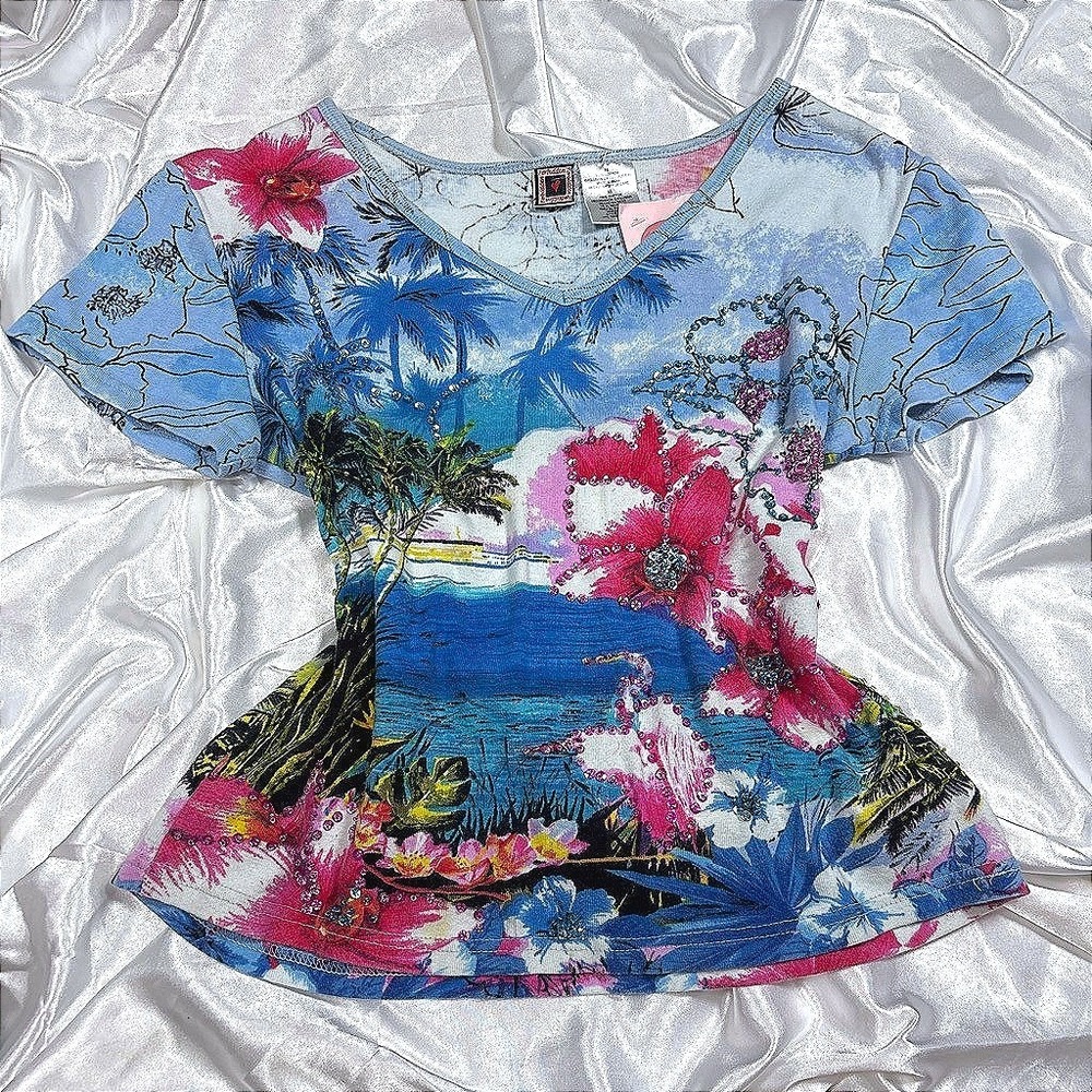 y2k Forbidden Tropical Sequin Top Blue Hibiscus Palm Tree Graphic Tee